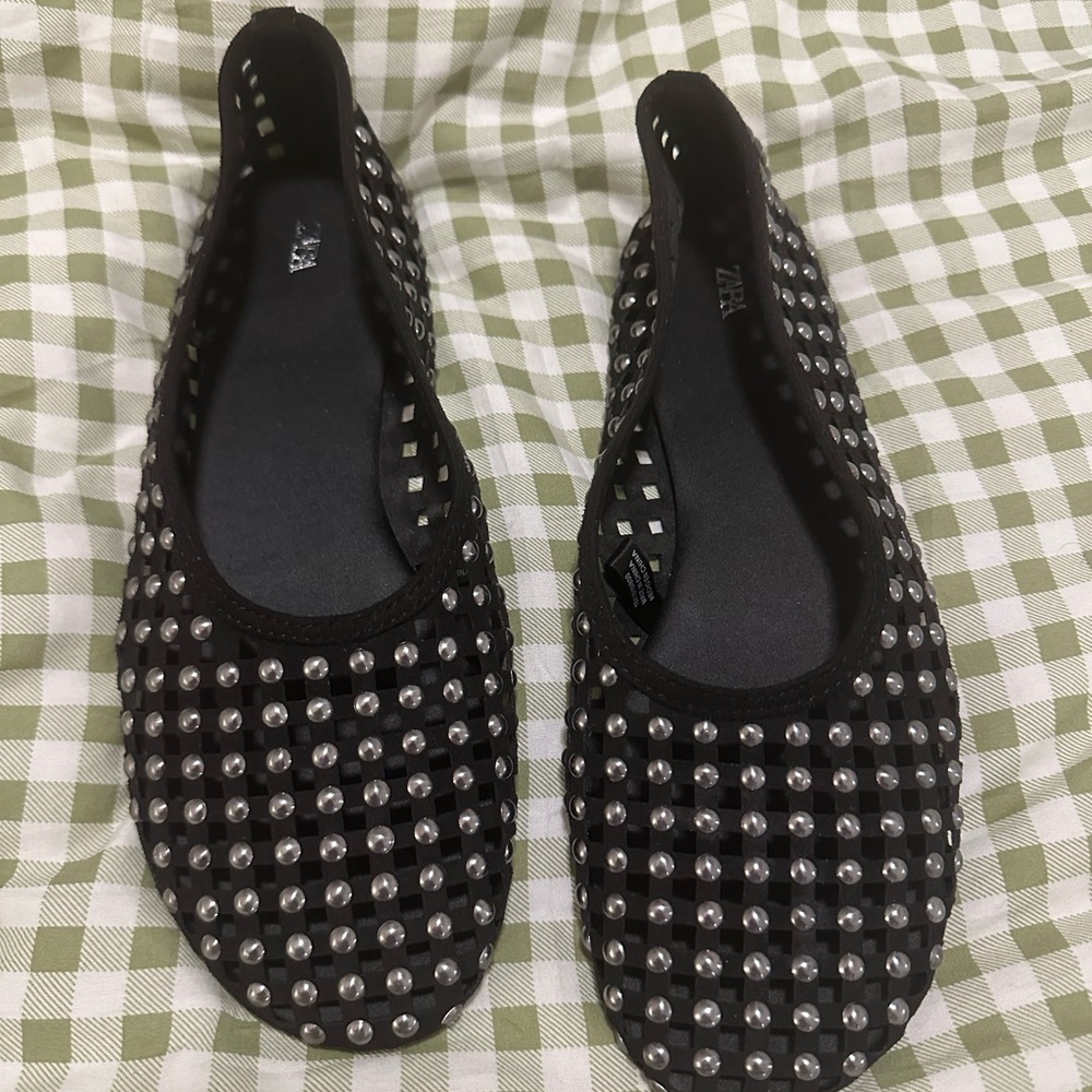 Zara Black Studded Mesh Mary Jane Ballet Flat Shoes Womens Size 37